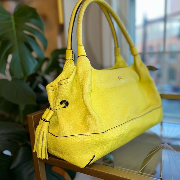 Kate Spade Bright Yellow Tote w/ Side Tassels and Striped Interior - Picture 2 of 10